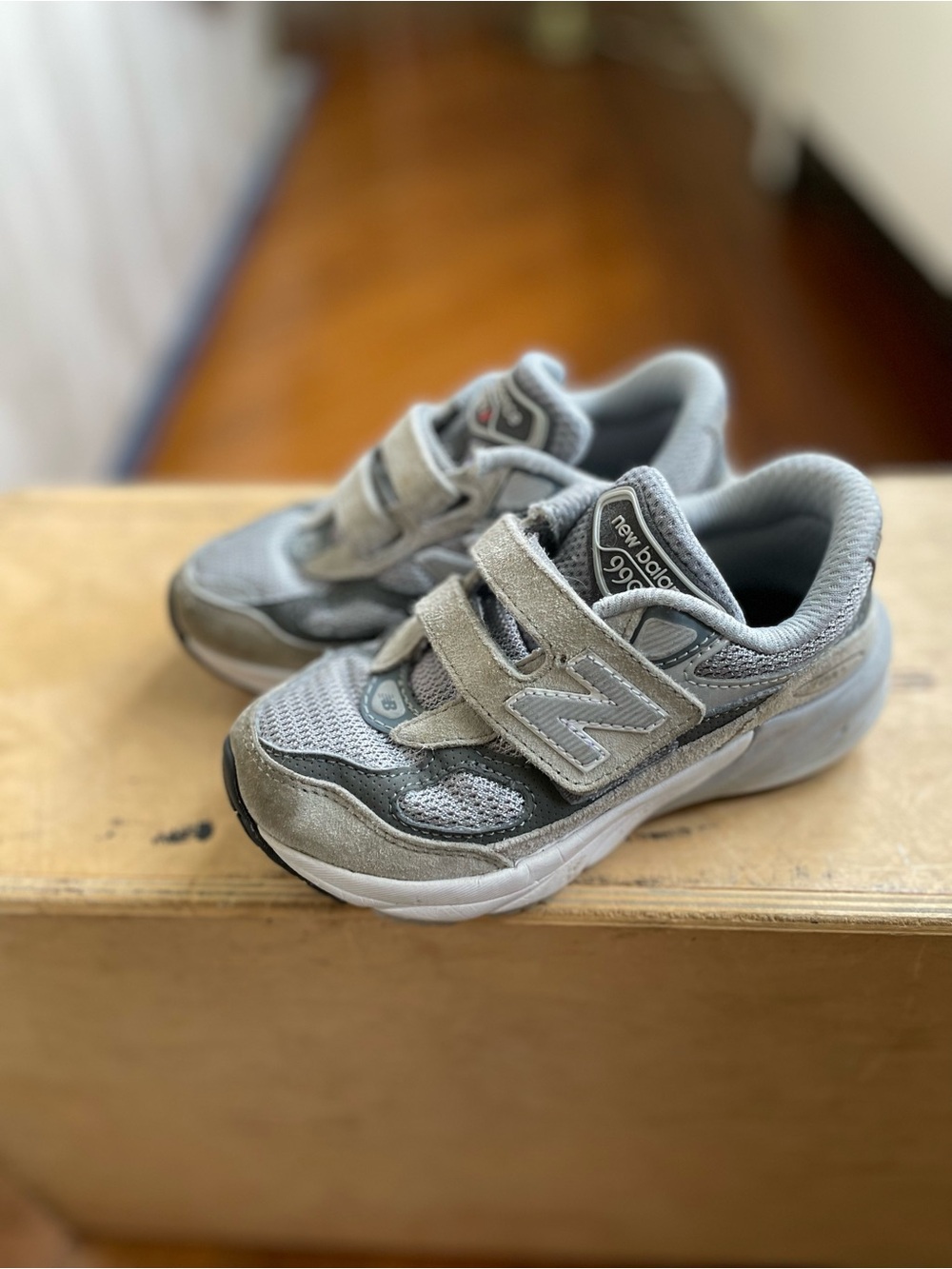 New Balance Kids 990 Gray Velcro Sneaker Pair